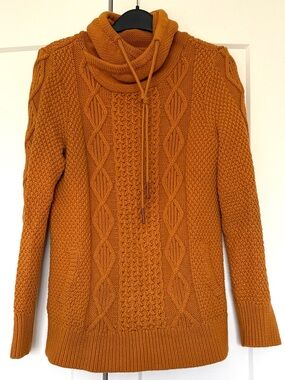 LL Bean cable sweater hoodie tunic size small orange gold